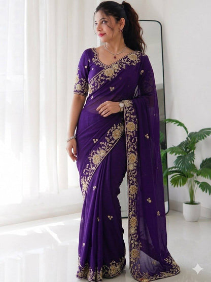Premium Purple Rangoli Silk Embroidered Saree with Heavy Cutwork Border & Mono Banglory Silk Blouse | Wedding & Party Wear Designer Saree (RO17103)