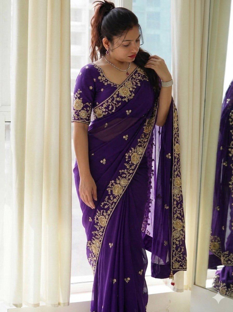 Premium Purple Rangoli Silk Embroidered Saree with Heavy Cutwork Border & Mono Banglory Silk Blouse | Wedding & Party Wear Designer Saree (RO17103)
