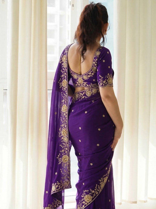 Premium Purple Rangoli Silk Embroidered Saree with Heavy Cutwork Border & Mono Banglory Silk Blouse | Wedding & Party Wear Designer Saree (RO17103)