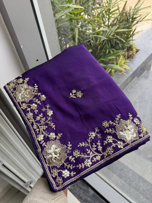 Premium Purple Rangoli Silk Embroidered Saree with Heavy Cutwork Border & Mono Banglory Silk Blouse | Wedding & Party Wear Designer Saree (RO17103)