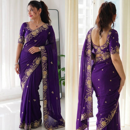 Premium Purple Rangoli Silk Embroidered Saree with Heavy Cutwork Border & Mono Banglory Silk Blouse | Wedding & Party Wear Designer Saree (RO17103)