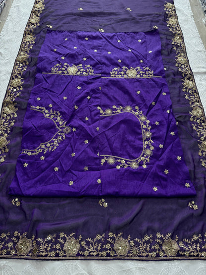 Premium Purple Rangoli Silk Embroidered Saree with Heavy Cutwork Border & Mono Banglory Silk Blouse | Wedding & Party Wear Designer Saree (RO17103)