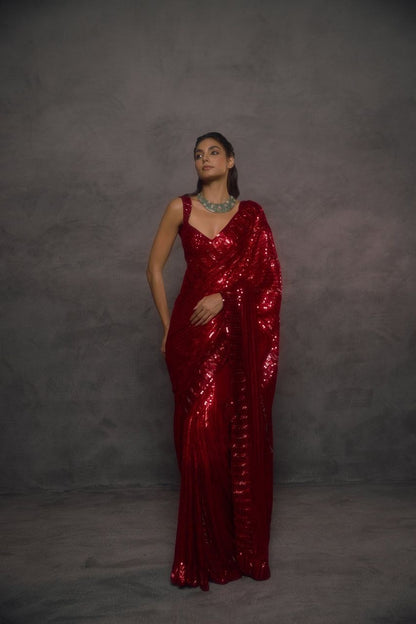 RO17124 Premium Red Faux Georgette Sequins Embroidered Saree with Heavy Designer Blouse | Bollywood Party Wear Wedding Saree