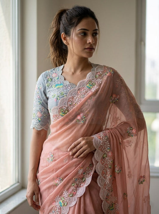 RO17100 Premium Soft Faux Georgette Saree with Heavy Multicolor Embroidery & Cutwork Border | Designer Wedding & Party Wear Saree with Mono Banglory Silk Blouse