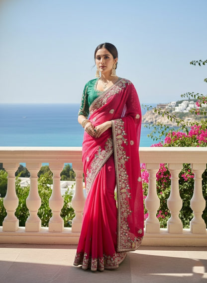 Premium Pink Fendy Chiffon Silk Embroidered Saree with Piping Border & Mono Banglory Silk- RO17209 Blouse | Wedding & Party Wear Saree