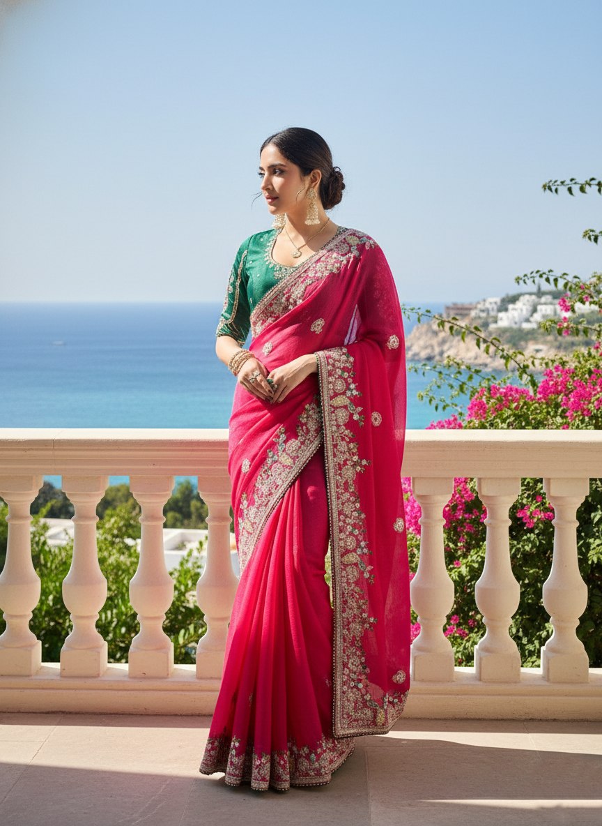 Premium Pink Fendy Chiffon Silk Embroidered Saree with Piping Border & Mono Banglory Silk- RO17209 Blouse | Wedding & Party Wear Saree