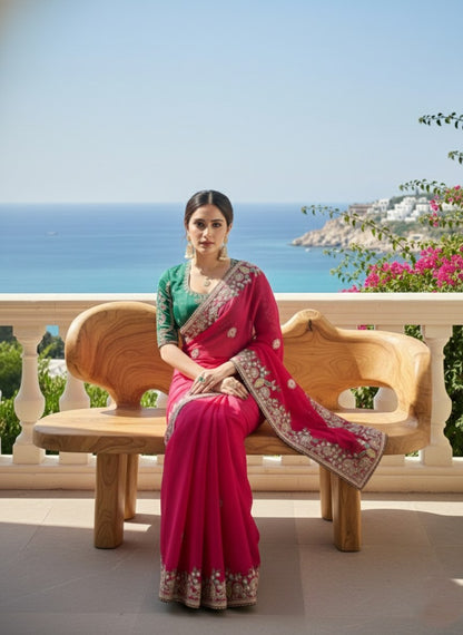 Premium Pink Fendy Chiffon Silk Embroidered Saree with Piping Border & Mono Banglory Silk- RO17209 Blouse | Wedding & Party Wear Saree
