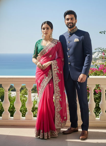Premium Pink Fendy Chiffon Silk Embroidered Saree with Piping Border & Mono Banglory Silk- RO17209 Blouse | Wedding & Party Wear Saree
