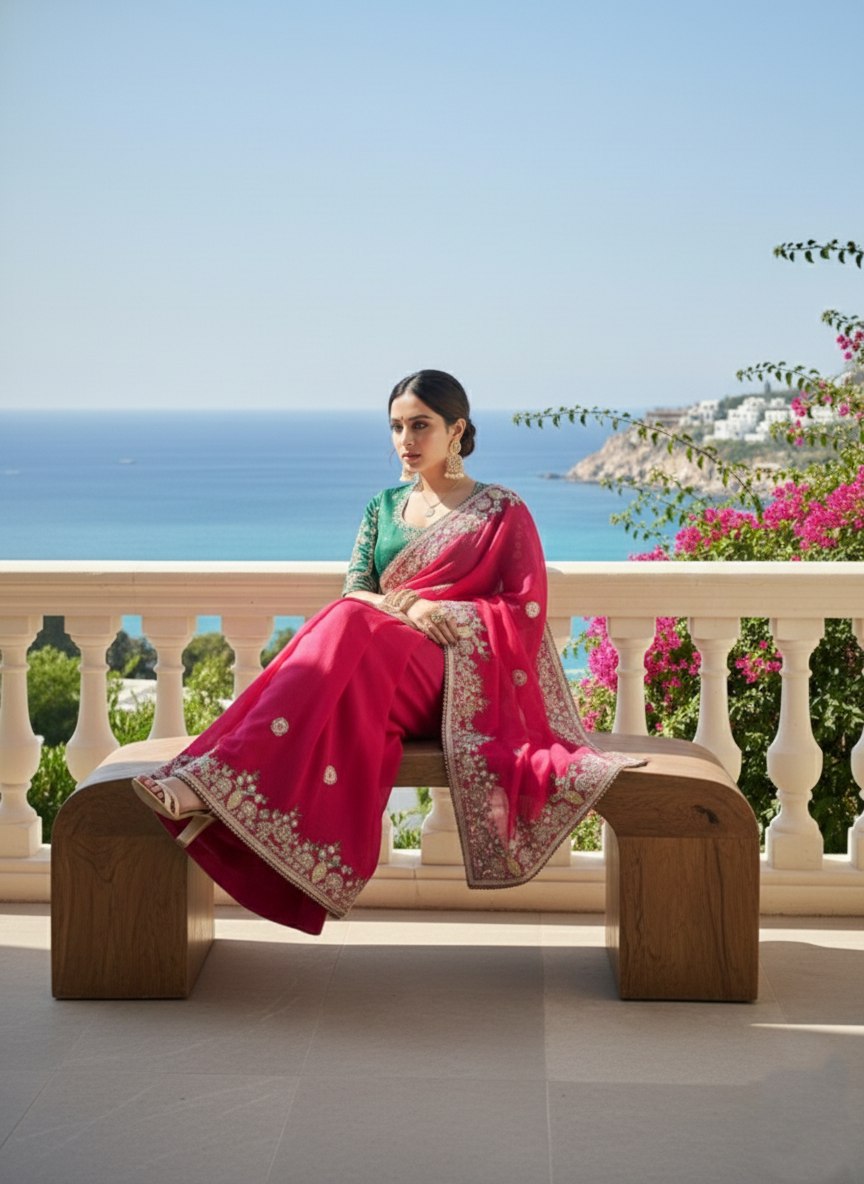 Premium Pink Fendy Chiffon Silk Embroidered Saree with Piping Border & Mono Banglory Silk- RO17209 Blouse | Wedding & Party Wear Saree