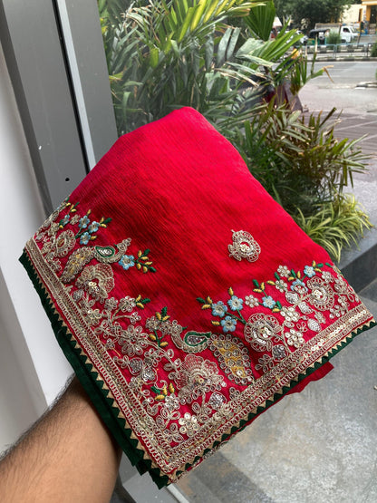 Premium Pink Fendy Chiffon Silk Embroidered Saree with Piping Border & Mono Banglory Silk- RO17209 Blouse | Wedding & Party Wear Saree