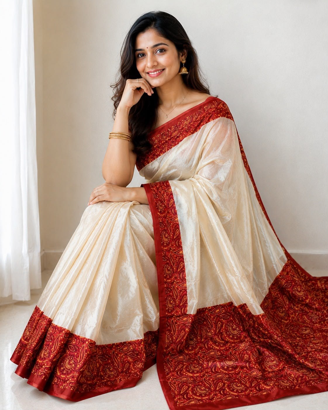 RO17130 Premium Cream Soft Chinnon Silk Saree with Maroon Printed Pallu & Blouse | Elegant Festive & Party Wear Saree