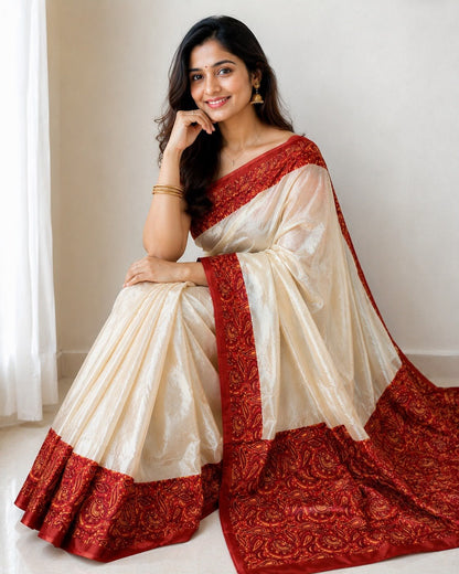 RO17130 Premium Cream Soft Chinnon Silk Saree with Maroon Printed Pallu & Blouse | Elegant Festive & Party Wear Saree