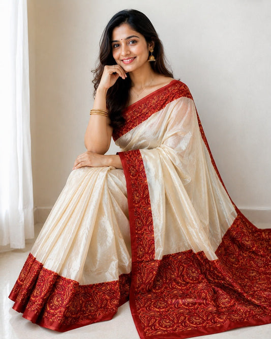 RO17130 Premium Cream Soft Chinnon Silk Saree with Maroon Printed Pallu & Blouse | Elegant Festive & Party Wear Saree
