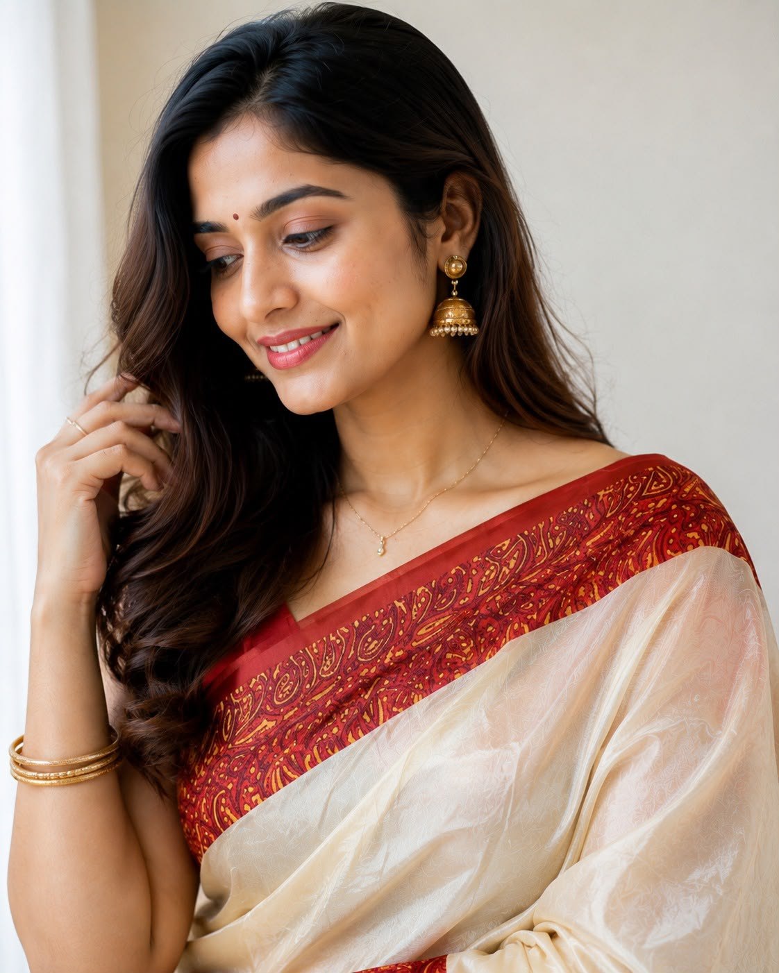 RO17130 Premium Cream Soft Chinnon Silk Saree with Maroon Printed Pallu & Blouse | Elegant Festive & Party Wear Saree