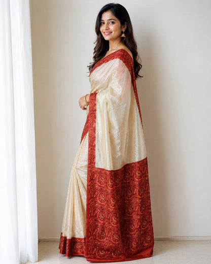RO17130 Premium Cream Soft Chinnon Silk Saree with Maroon Printed Pallu & Blouse | Elegant Festive & Party Wear Saree