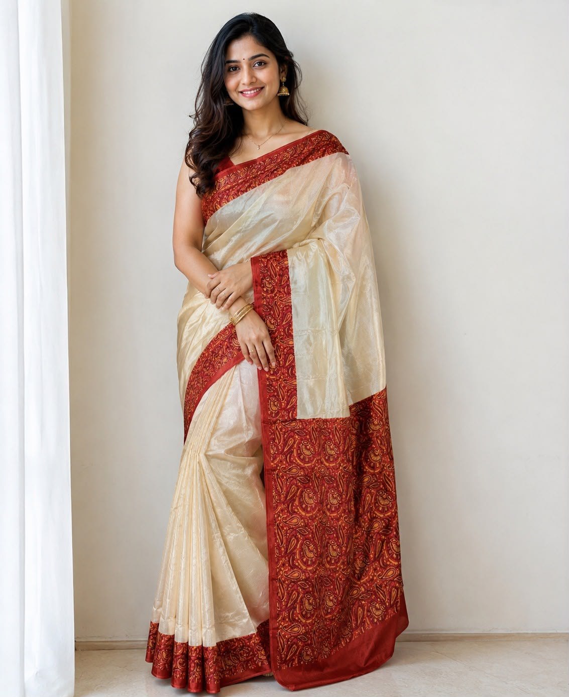 RO17130 Premium Cream Soft Chinnon Silk Saree with Maroon Printed Pallu & Blouse | Elegant Festive & Party Wear Saree