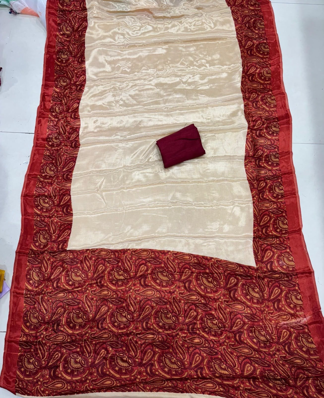 RO17130 Premium Cream Soft Chinnon Silk Saree with Maroon Printed Pallu & Blouse | Elegant Festive & Party Wear Saree