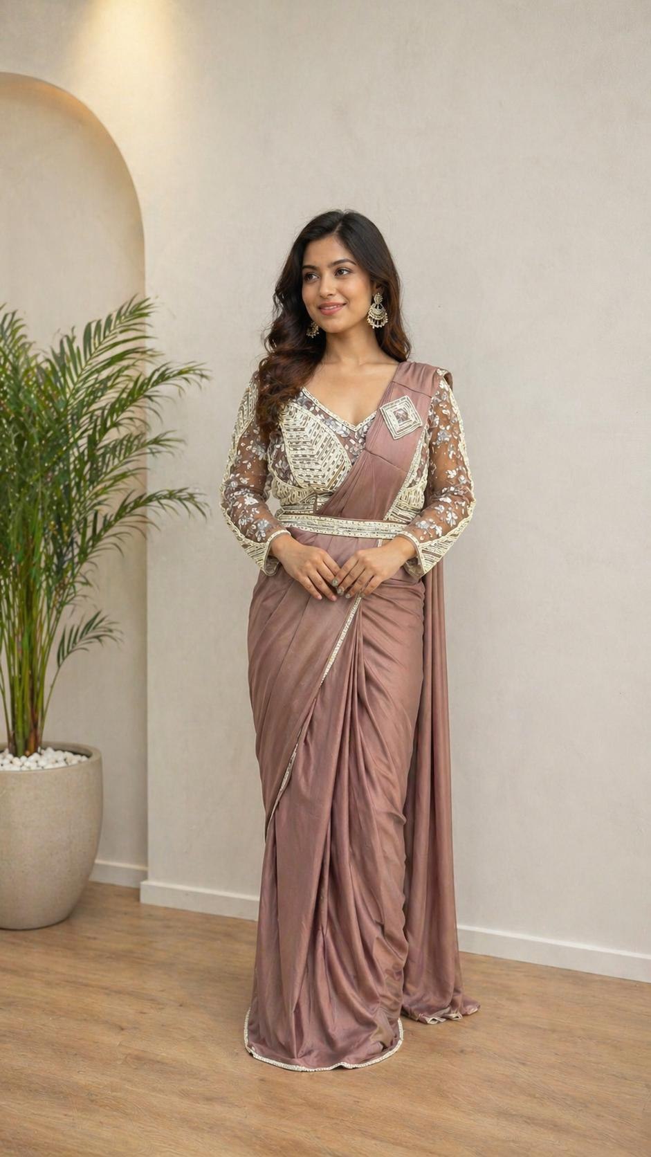 RO17166 Ready to Wear Purple Lycra Saree with Heavy Beads Work Designer Blouse | Party Wear Pre-Stitched Saree for Women
