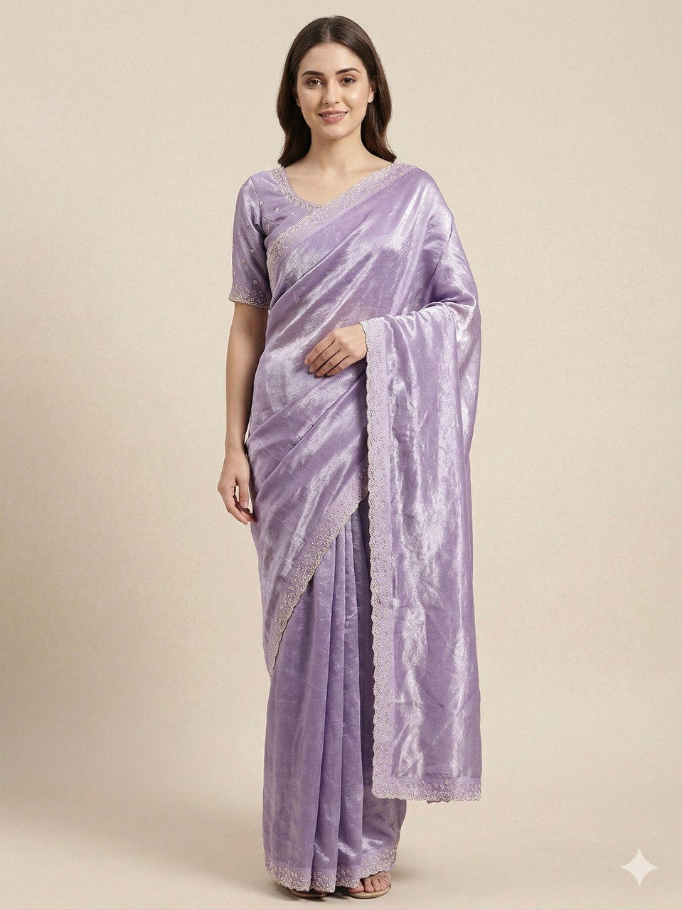 RO17185 Lavender Space Silk Saree with Zarkan Diamond Work & Designer Blouse | Elegant Wedding & Party Wear Saree