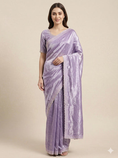 RO17185 Lavender Space Silk Saree with Zarkan Diamond Work & Designer Blouse | Elegant Wedding & Party Wear Saree