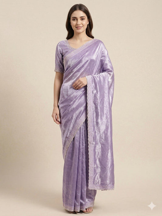 RO17185 Lavender Space Silk Saree with Zarkan Diamond Work & Designer Blouse | Elegant Wedding & Party Wear Saree