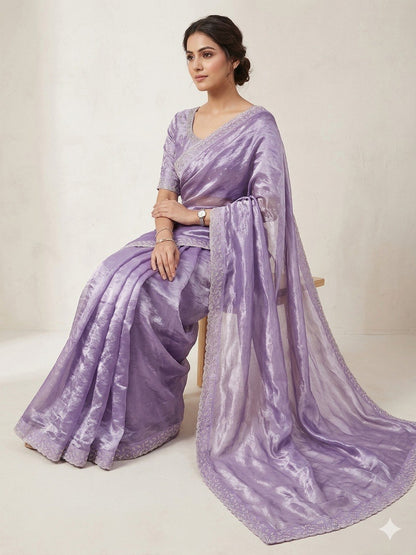 RO17185 Lavender Space Silk Saree with Zarkan Diamond Work & Designer Blouse | Elegant Wedding & Party Wear Saree