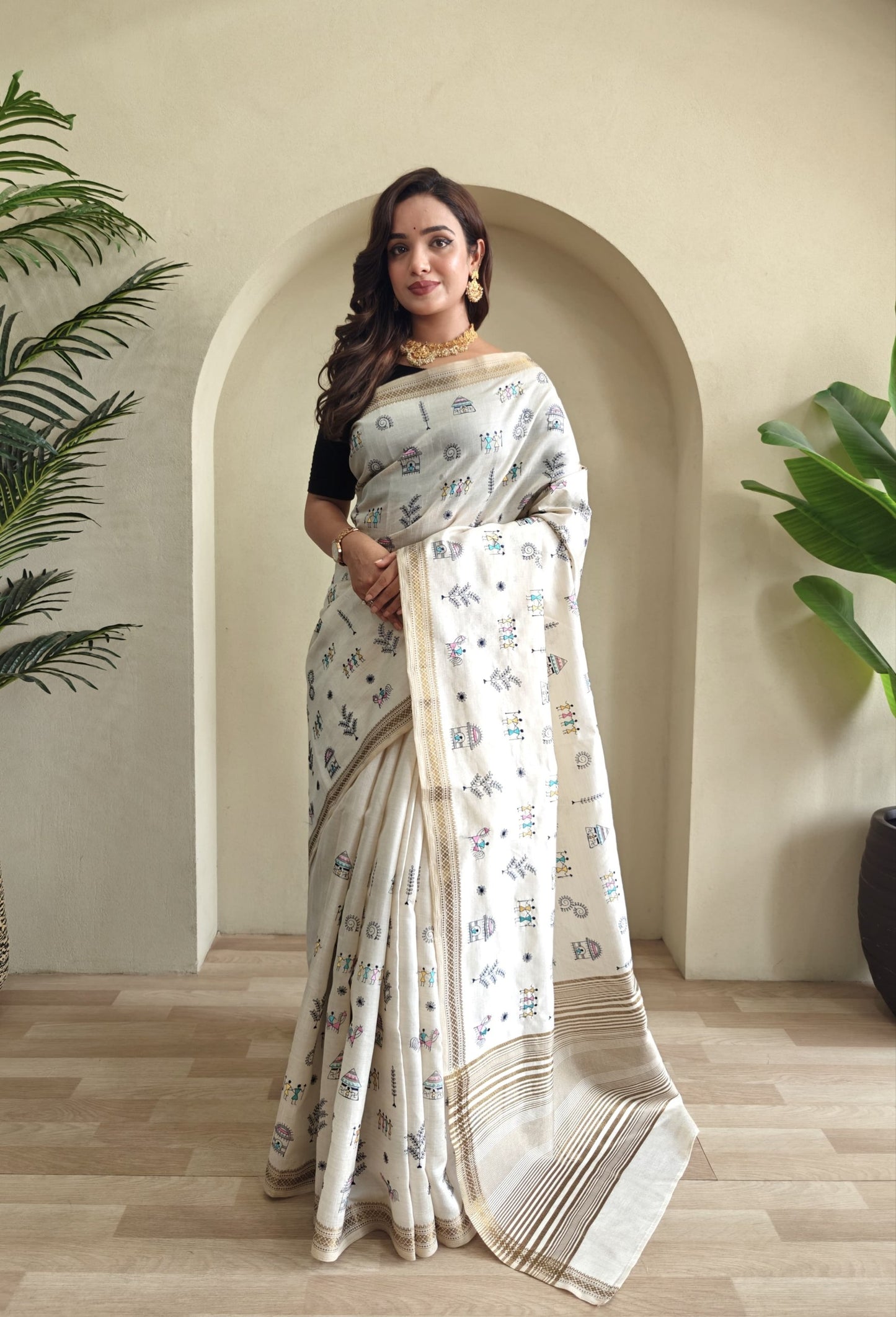 Pure Loom Tussar Saree with Worli Embroidery, Copper Zari Border & Woven Pallu | Premium Ethnic Saree for Women