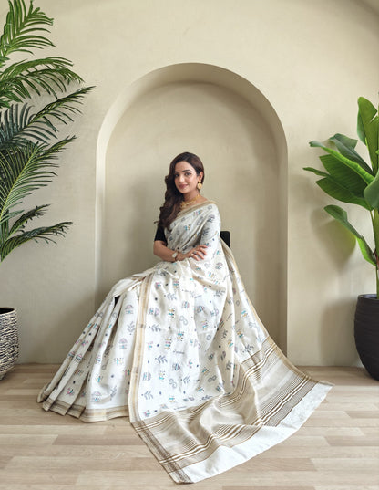 Pure Loom Tussar Saree with Worli Embroidery, Copper Zari Border & Woven Pallu | Premium Ethnic Saree for Women