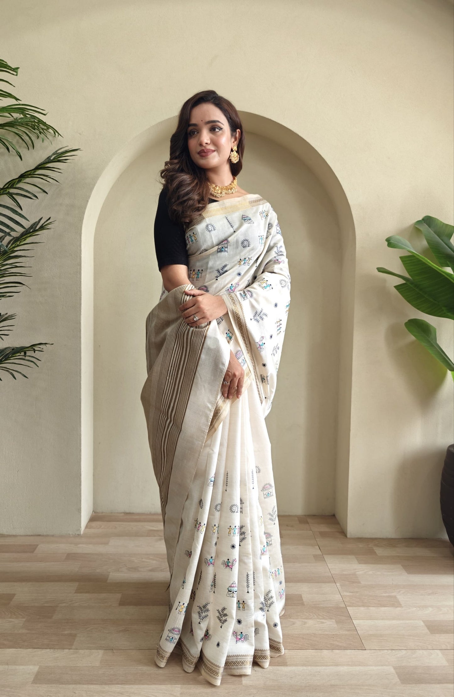 Pure Loom Tussar Saree with Worli Embroidery, Copper Zari Border & Woven Pallu | Premium Ethnic Saree for Women