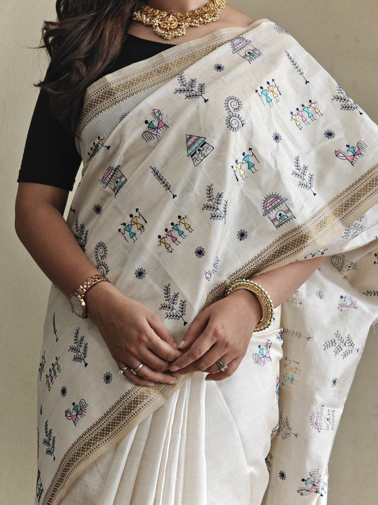 Pure Loom Tussar Saree with Worli Embroidery, Copper Zari Border & Woven Pallu | Premium Ethnic Saree for Women