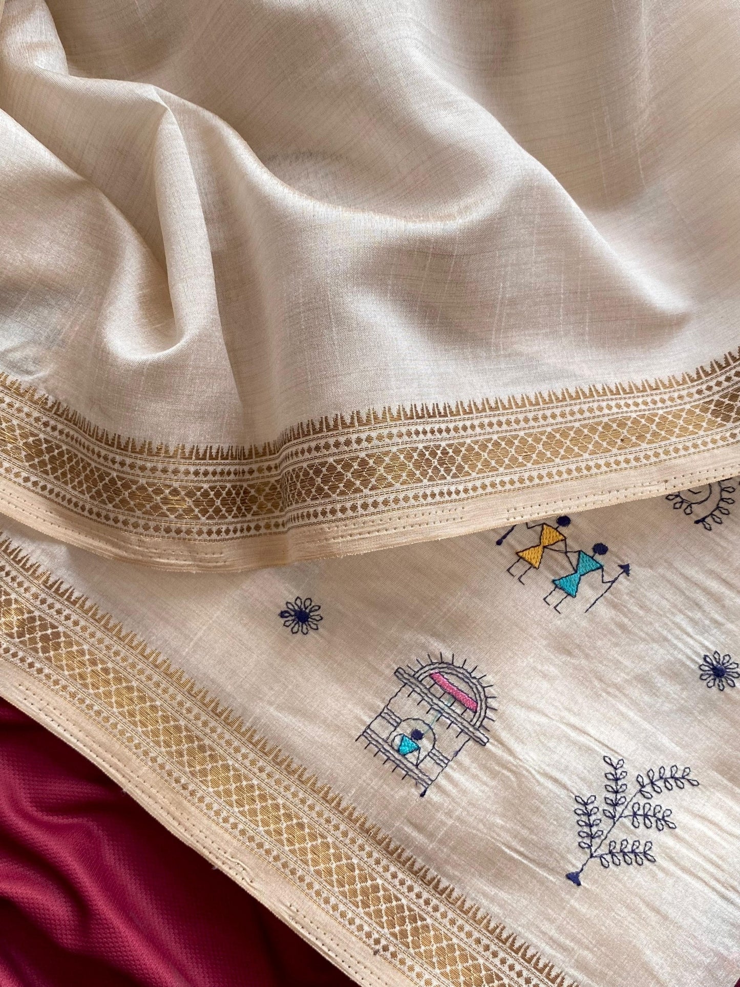 Pure Loom Tussar Saree with Worli Embroidery, Copper Zari Border & Woven Pallu | Premium Ethnic Saree for Women