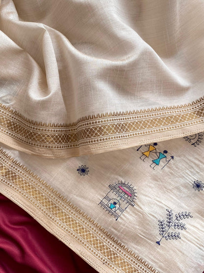Pure Loom Tussar Saree with Worli Embroidery, Copper Zari Border & Woven Pallu | Premium Ethnic Saree for Women