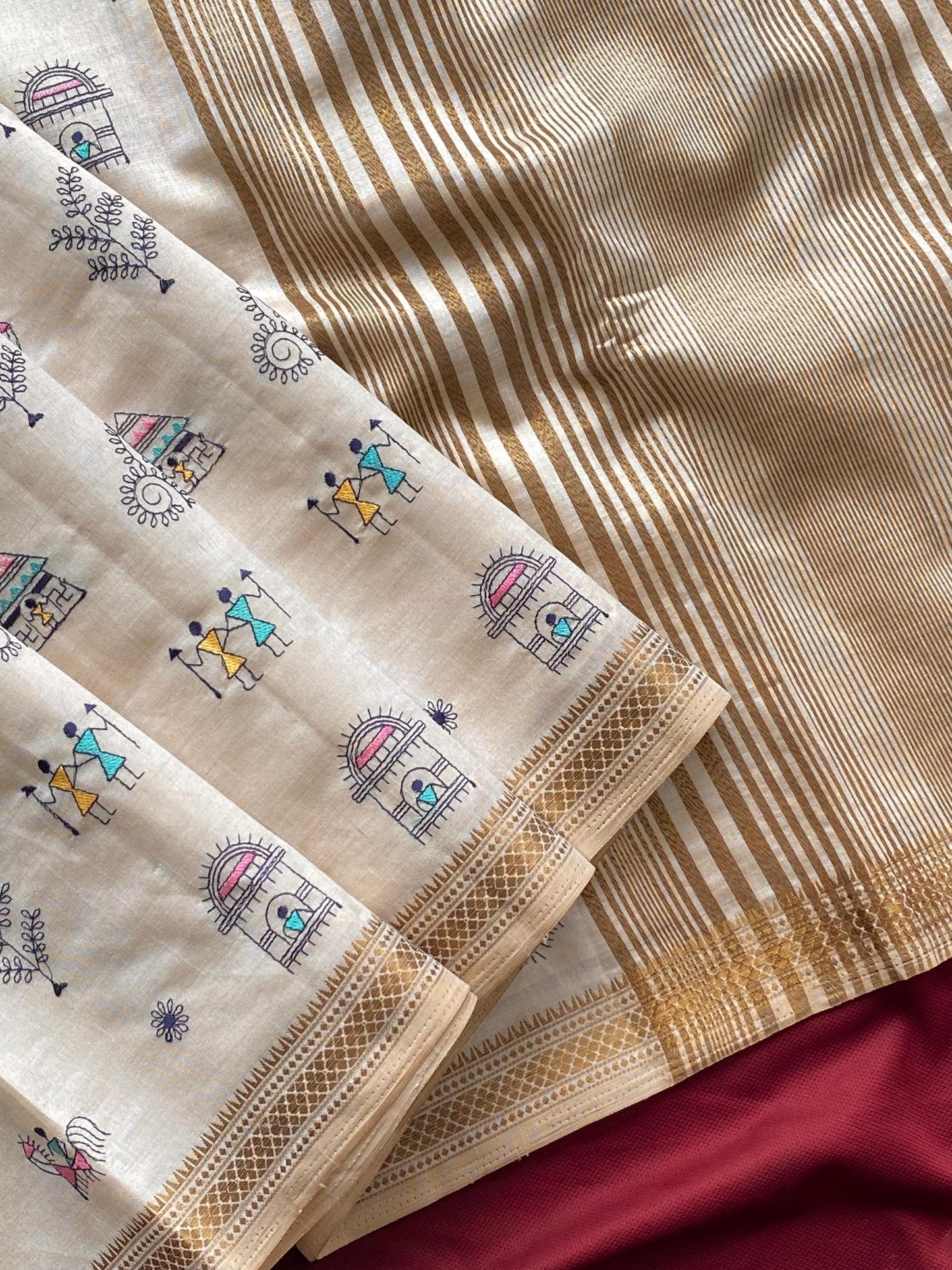Pure Loom Tussar Saree with Worli Embroidery, Copper Zari Border & Woven Pallu | Premium Ethnic Saree for Women