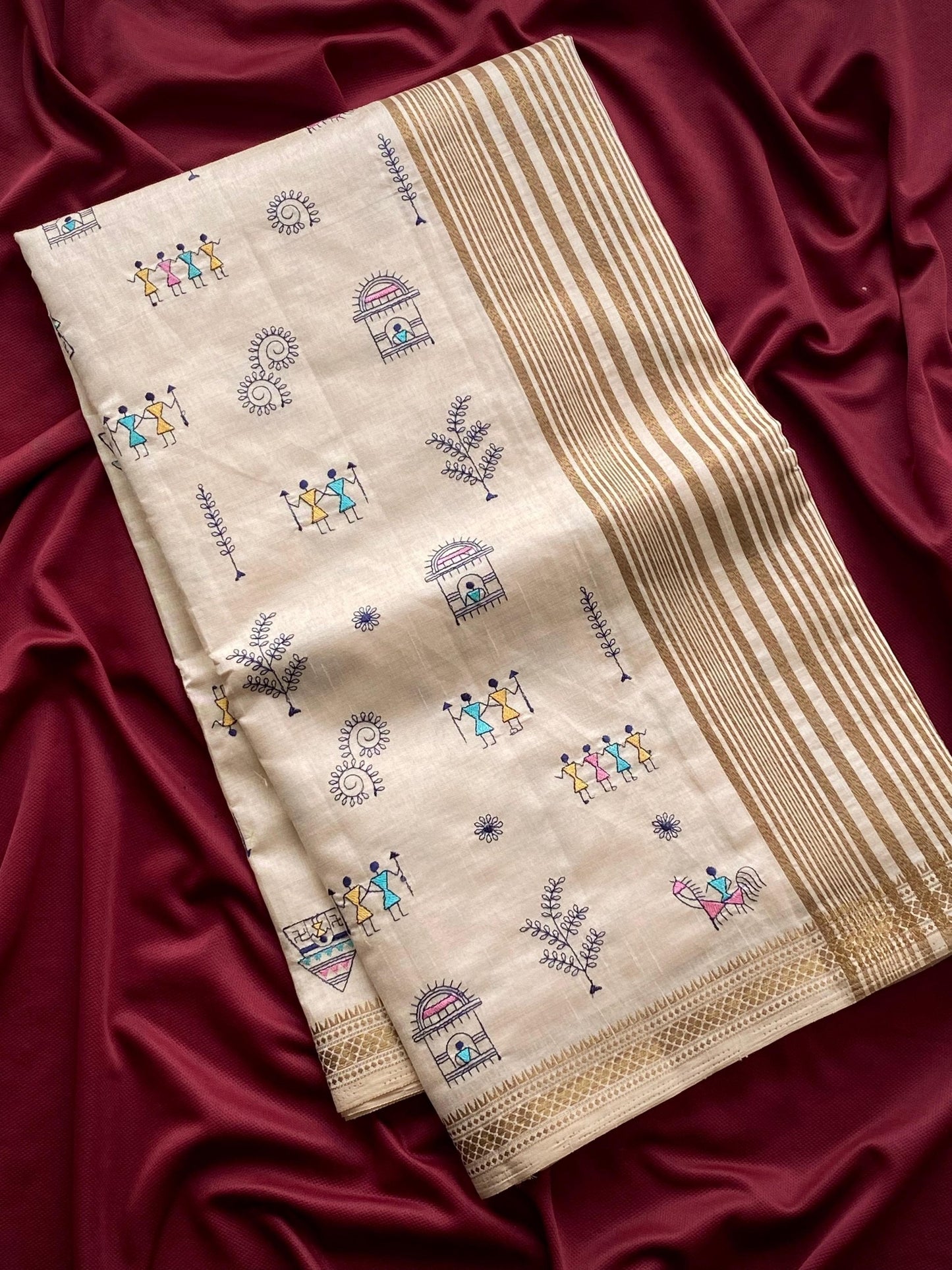 Pure Loom Tussar Saree with Worli Embroidery, Copper Zari Border & Woven Pallu | Premium Ethnic Saree for Women