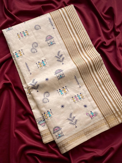 Pure Loom Tussar Saree with Worli Embroidery, Copper Zari Border & Woven Pallu | Premium Ethnic Saree for Women