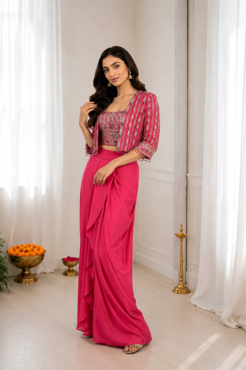 RO17451 Pink Chinon Silk Koti with Dhoti Lehenga Set | Embroidered Ready-to-Wear Party Wear Lehenga for Women
