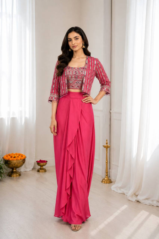RO17451 Pink Chinon Silk Koti with Dhoti Lehenga Set | Embroidered Ready-to-Wear Party Wear Lehenga for Women