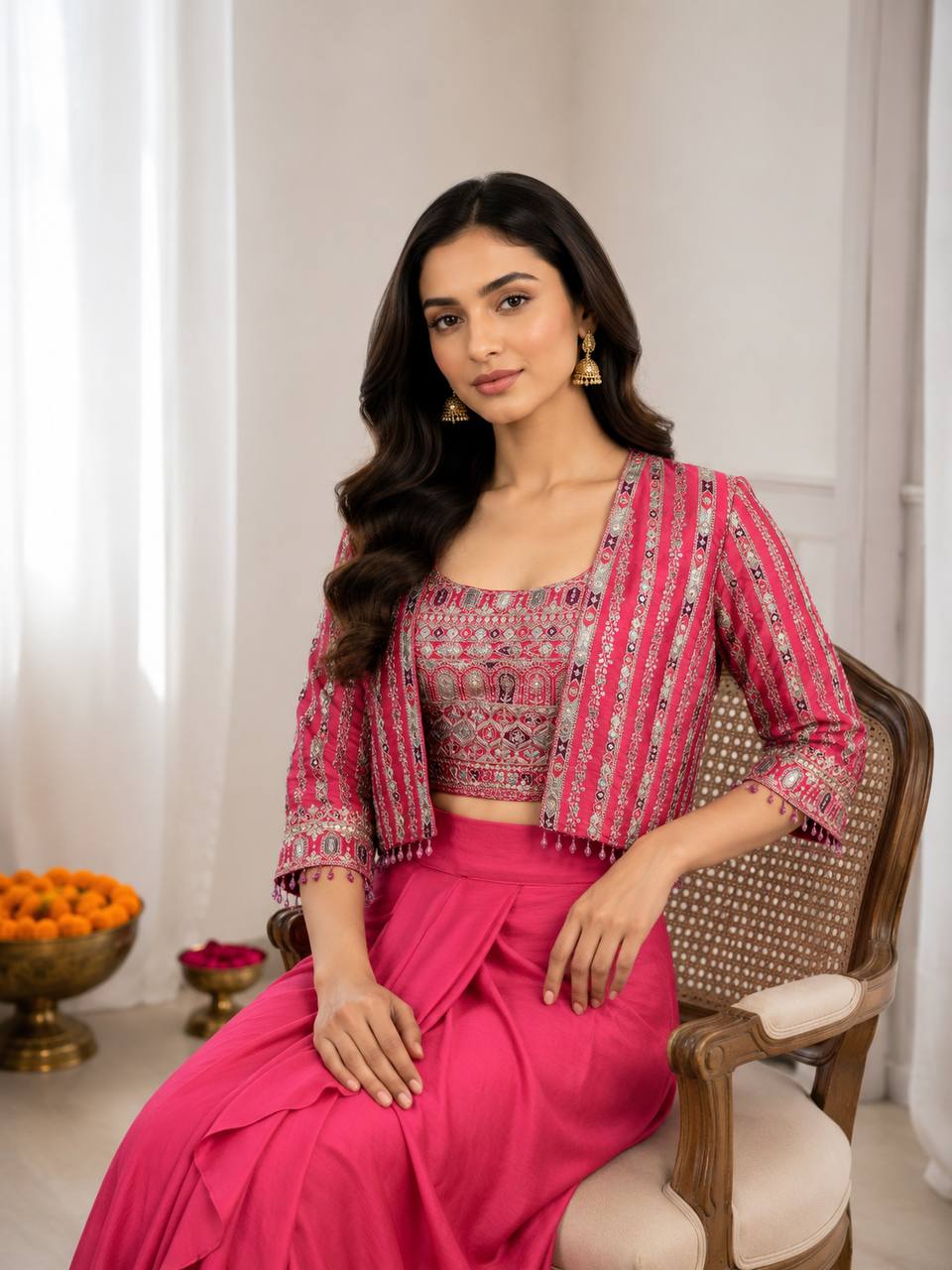 RO17451 Pink Chinon Silk Koti with Dhoti Lehenga Set | Embroidered Ready-to-Wear Party Wear Lehenga for Women