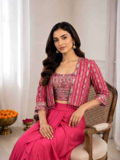 RO17451 Pink Chinon Silk Koti with Dhoti Lehenga Set | Embroidered Ready-to-Wear Party Wear Lehenga for Women
