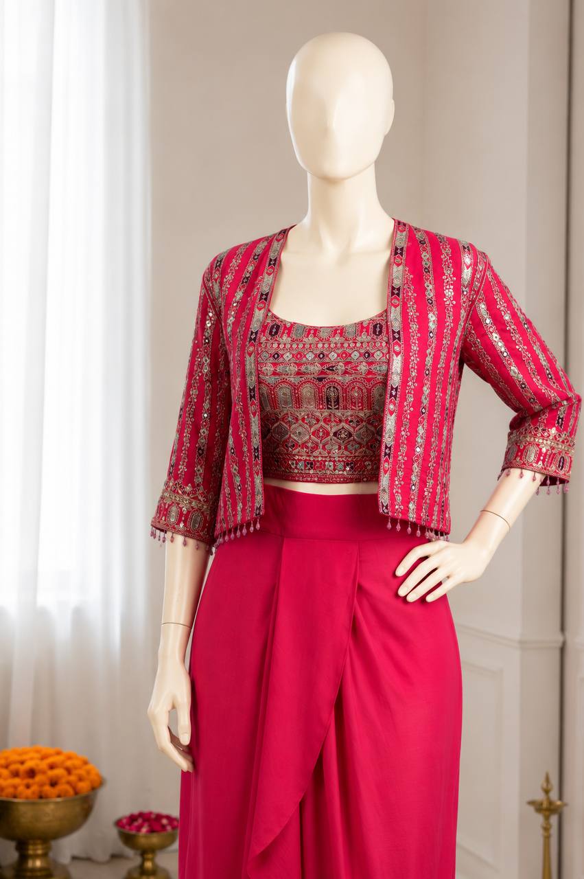 RO17451 Pink Chinon Silk Koti with Dhoti Lehenga Set | Embroidered Ready-to-Wear Party Wear Lehenga for Women