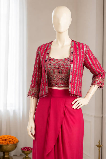 RO17451 Pink Chinon Silk Koti with Dhoti Lehenga Set | Embroidered Ready-to-Wear Party Wear Lehenga for Women