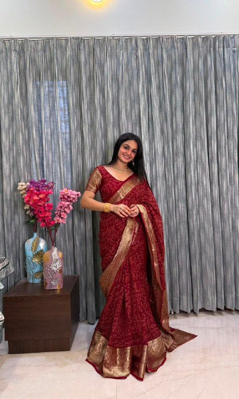 Women’s Maroon Kanjivaram Bandhani Cotton Silk Saree with Hand Dye Print | RO17453