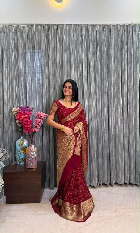 Women’s Maroon Kanjivaram Bandhani Cotton Silk Saree with Hand Dye Print | RO17453