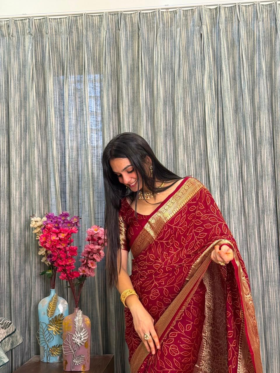 Women’s Maroon Kanjivaram Bandhani Cotton Silk Saree with Hand Dye Print | RO17453