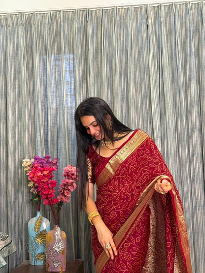 Women’s Maroon Kanjivaram Bandhani Cotton Silk Saree with Hand Dye Print | RO17453