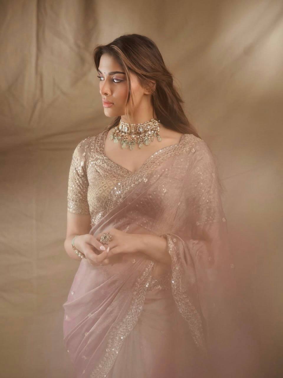 Premium Tissue Salsa Crush Saree with Thread & Sequin Work | RO17532