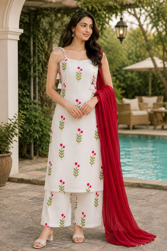 Women’s White Printed Kurta Palazzo Set with Georgette Dupatta | Reyon Slub Co-ord Set