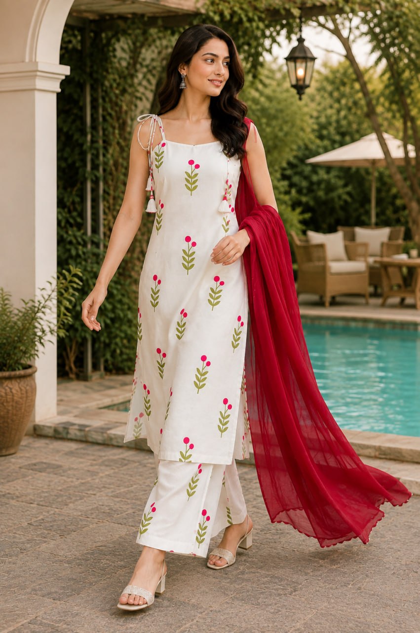 Women’s White Printed Kurta Palazzo Set with Georgette Dupatta | Reyon Slub Co-ord Set