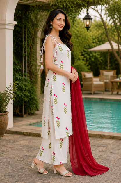 Women’s White Printed Kurta Palazzo Set with Georgette Dupatta | Reyon Slub Co-ord Set