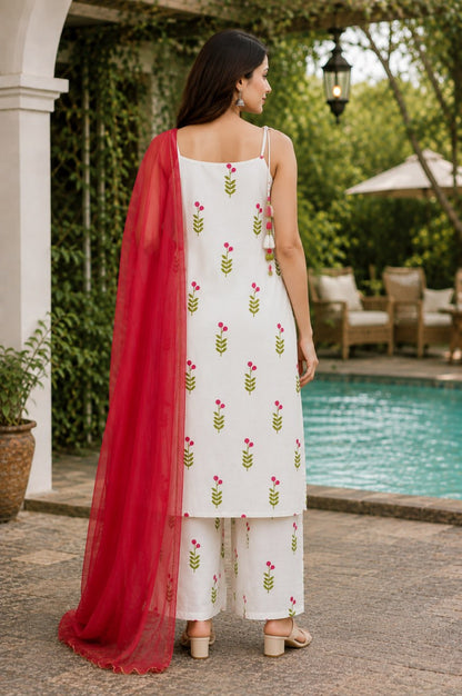 Women’s White Printed Kurta Palazzo Set with Georgette Dupatta | Reyon Slub Co-ord Set